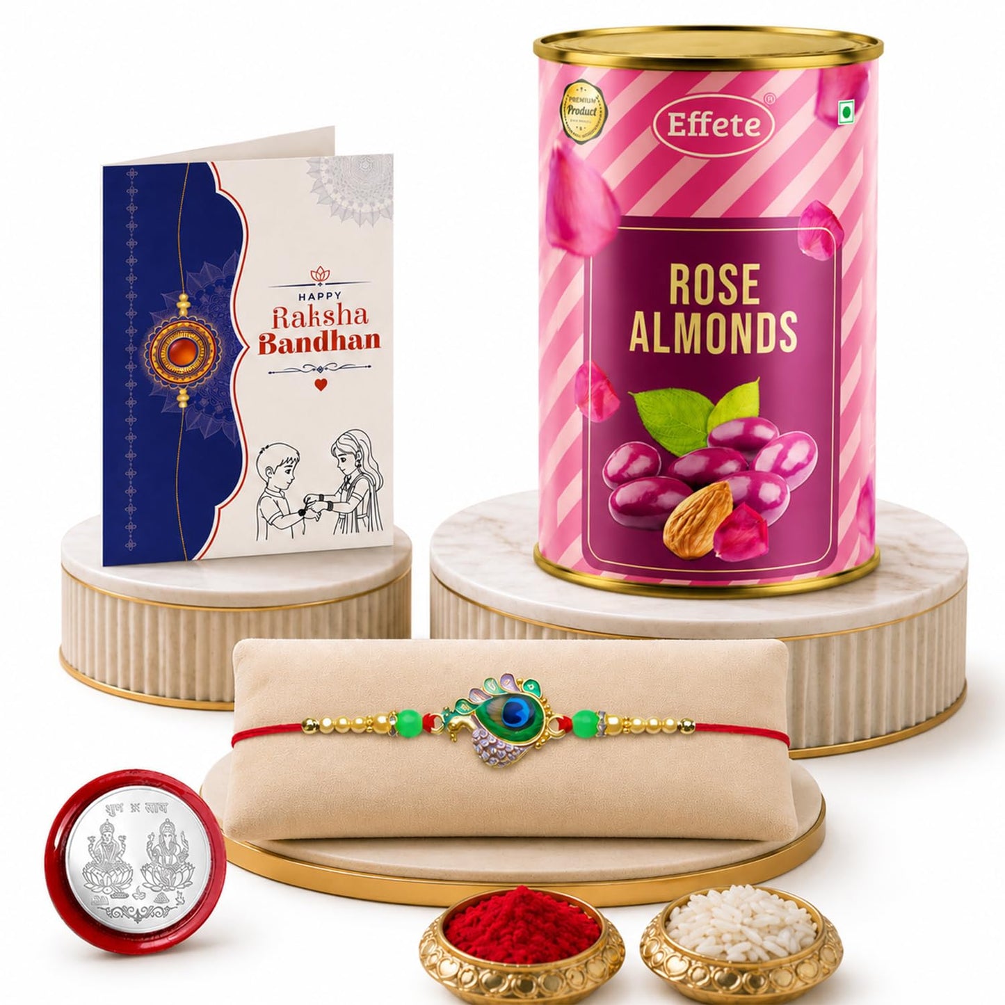 Feather Rakhi for Brother with Rose Almond 96gm, Roli Tikka & Card, Pack of 5