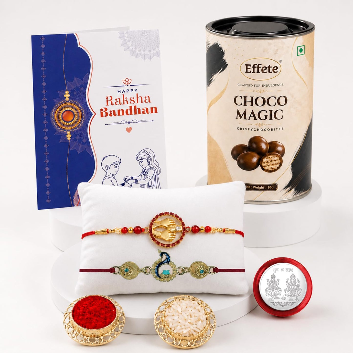 Designer Rakhi for Brother with Choco Magic 96gm, Roli Tikka & Card | Pack of 6