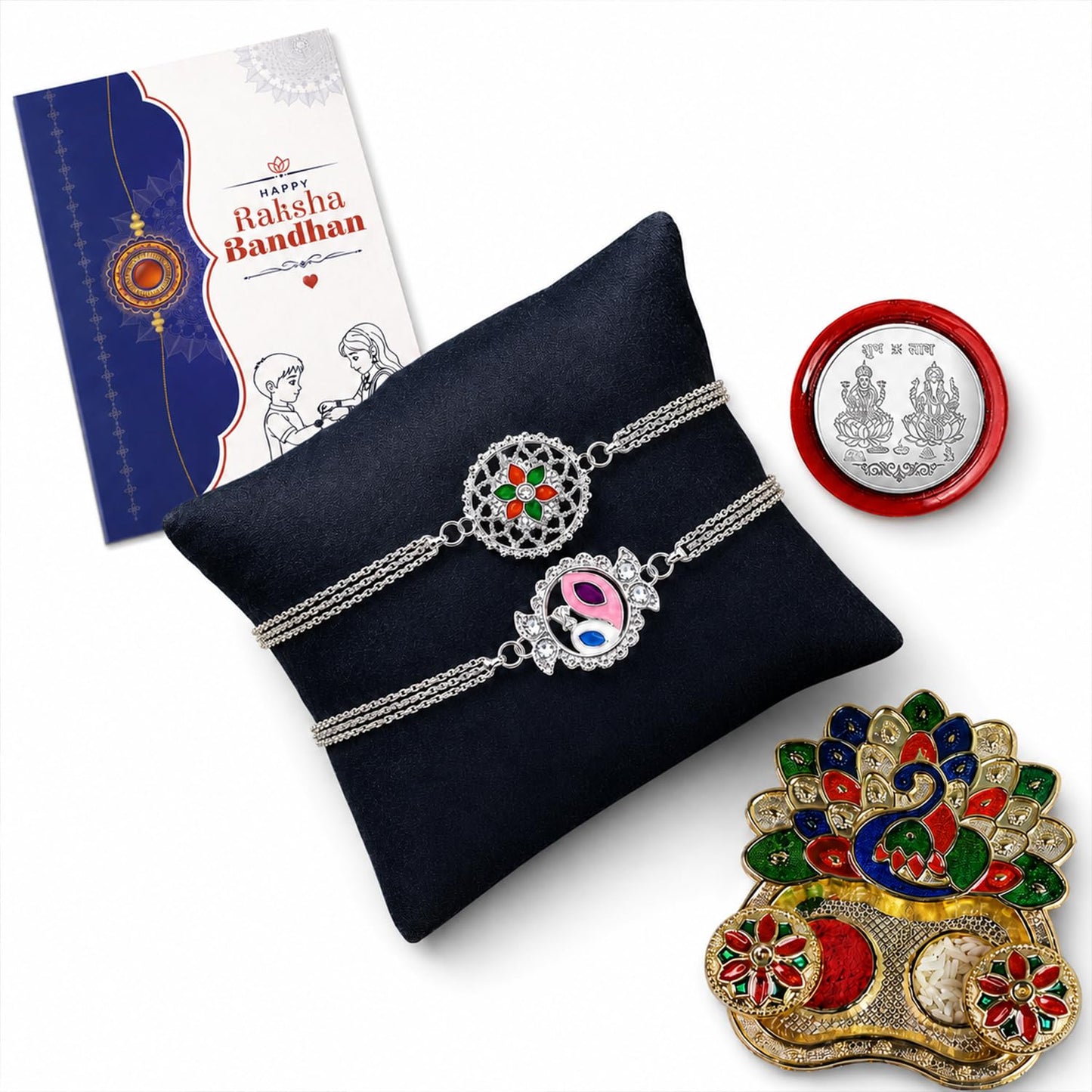 Silver Round Rakhi Combo - Raksha Bandhan Gift with Peacock Shape Pooja Thali, Pack of 6
