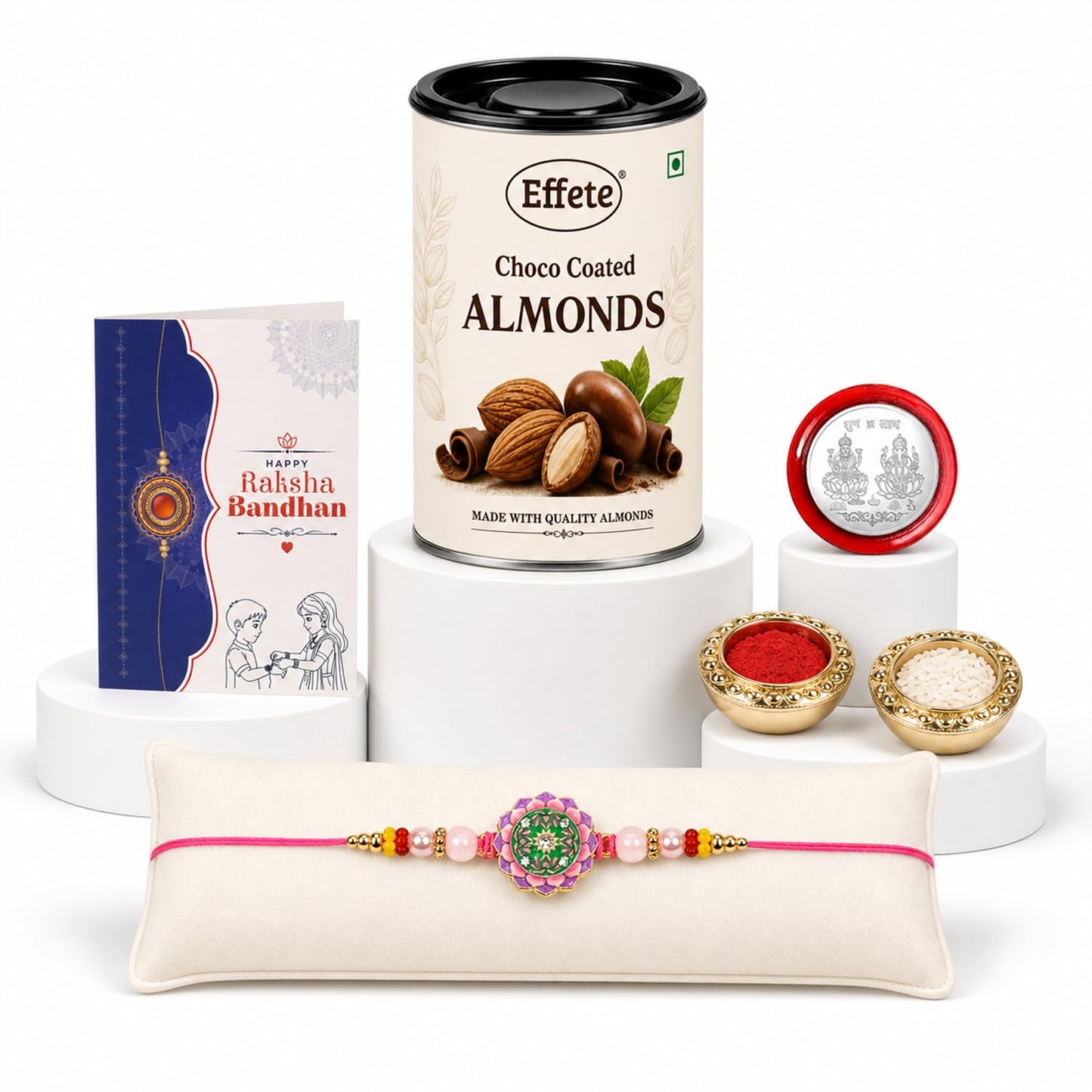 Round Floral Lotus Rakhi for Brother with Chocolate Almonds 96gm, Pack of 5