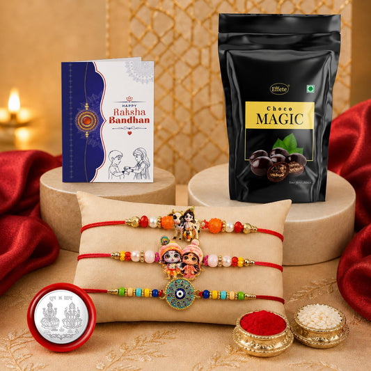 Complete Raksha Bandhan Gift Combo with Krishna Cow Rakhi and chocolate pouch
