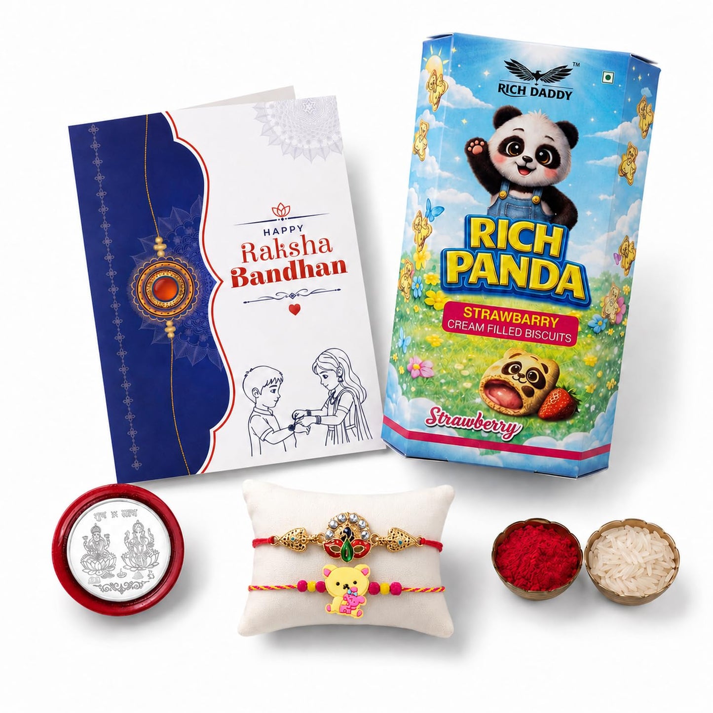 Kids Rakhi for Brother with Strawberry Biscuit 60gm, Coin & Card | Pack of 6