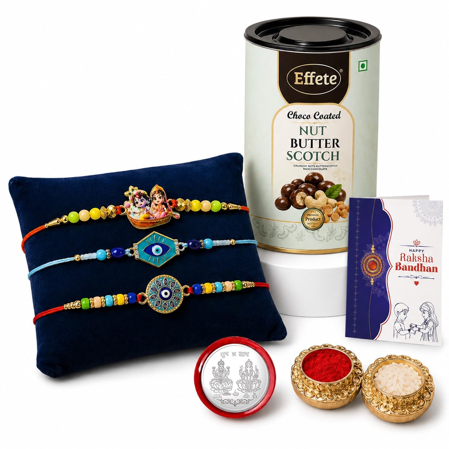 Radhe Krishna Rakhi Combo - Raksha Bandhan Gift with Choco Butterscotch 96gm, Pack of 7