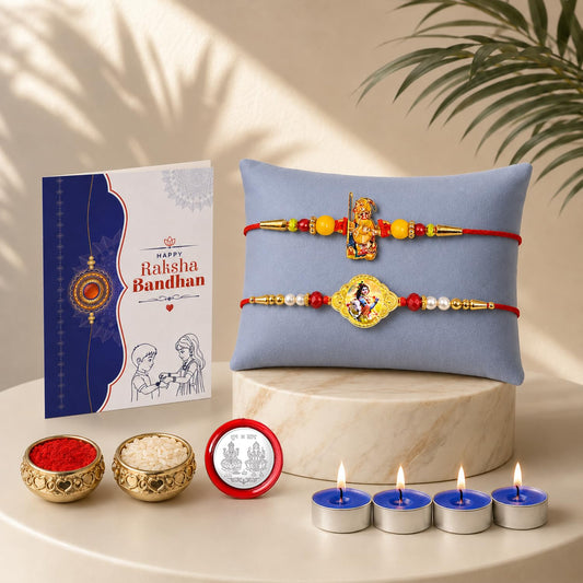 Raksha Bandhan Rakhi Combo gift set with Ganesha and Krishna rakhis, chocolates, and tealight candles.