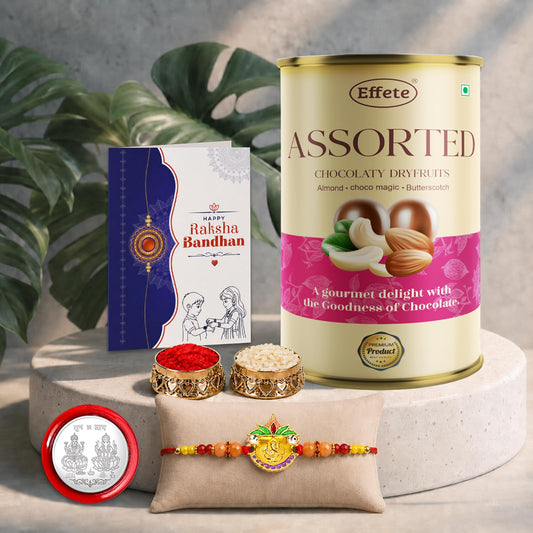 Ganesha Rakhi for Brother with Emperor Chocolate, Roli Tikka & Card, Pack of 5