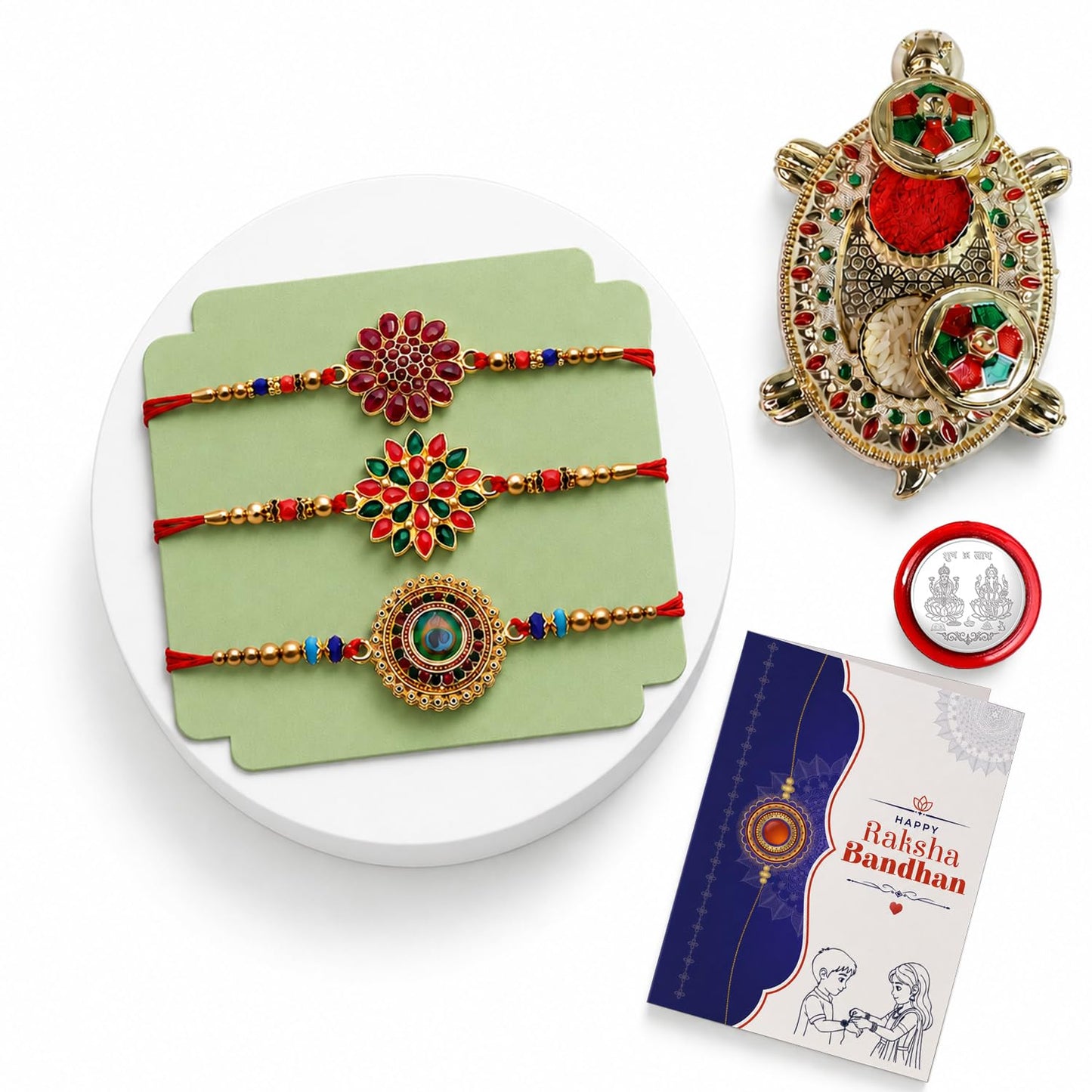 Flower, Round Multicolor Rakhi for Brother & Bhaiya with Turtle shape | Pack of 7