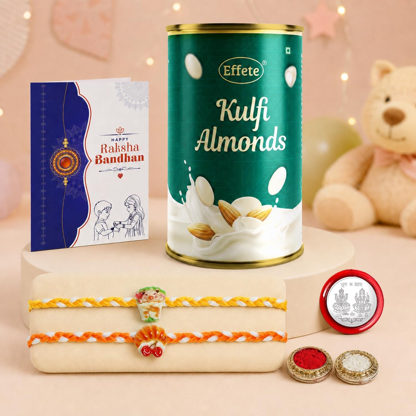 Pig Rakhi for Brother with Kulfi Almonds 96gm, Roli Tikka & Card, Pack of 6