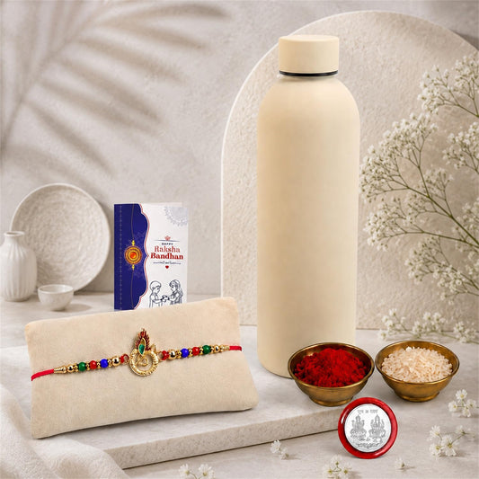 Complete Feather Rakhi Combo for Raksha Bandhan, featuring a feather rakhi, chocolates, and pooja essentials.