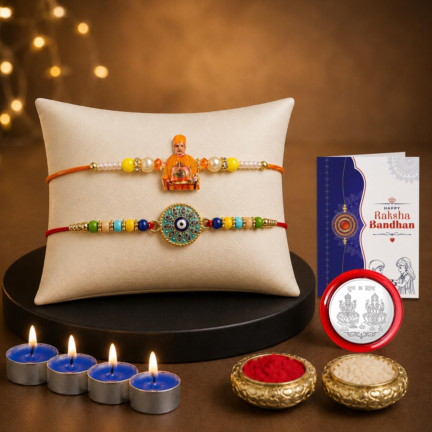 Swami Maharaj Rakhi Combo - Raksha Bandhan Gift with Tealight Candles 4pcs, Pack of 6