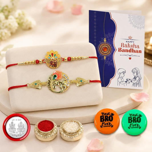 Shree Peacock Raksha Bandhan gift combo with rakhi, roli chawal, silver coin, greeting card.