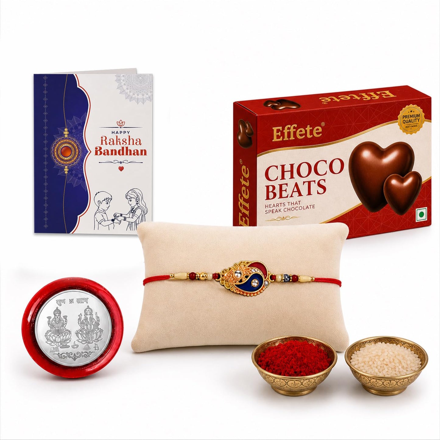 Leaf Rakhi for Brother with Chocolate Beats 32gm, Roli Tikka & Card, Pack of 5