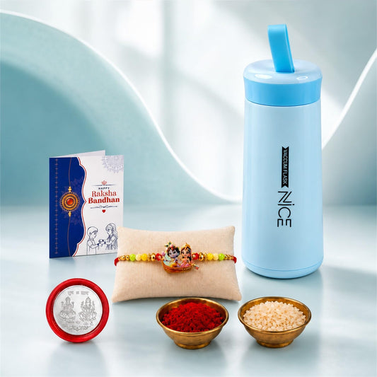 Radhe Krishna Rakhi Combo with water bottle, chocolate, roli chawal and silver coin.