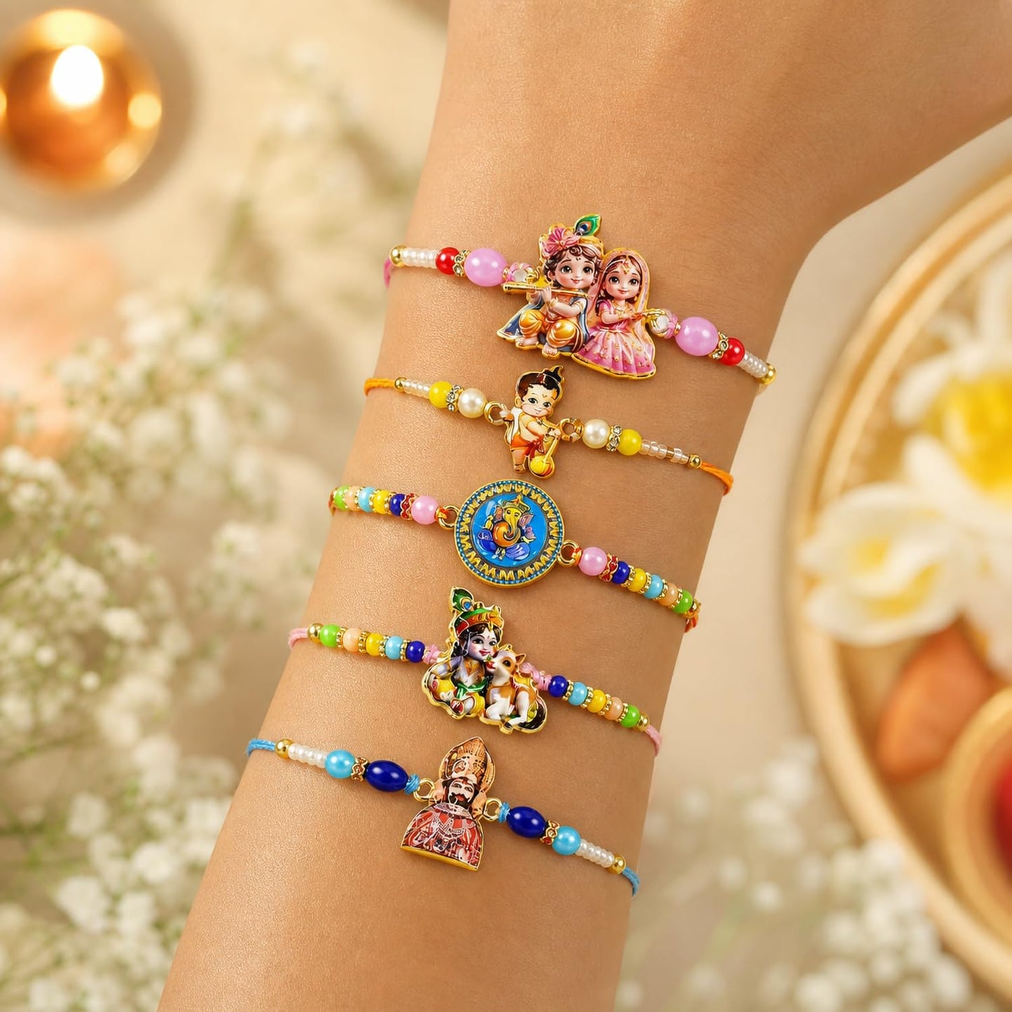 Elegant Delightful Rakhi for Brother with Roli Tikka & Greeting Card, Pack of 8