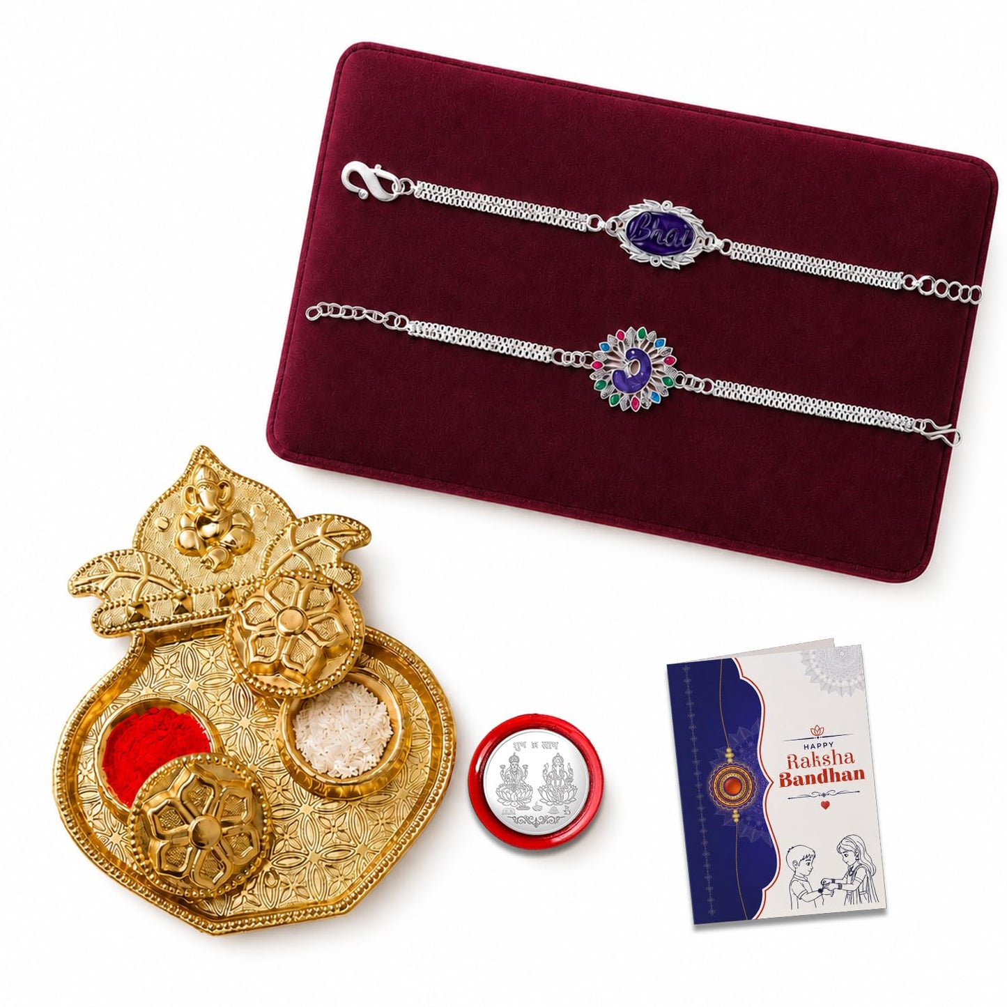 Bhai, Peacock Rakhi Combo - Raksha Bandhan Gift with Kalash Shape Pooja Thali, Pack of 6