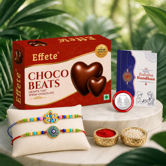 Raksha Bandhan gift combo set with a multicolor peacock and evil eye rakhi