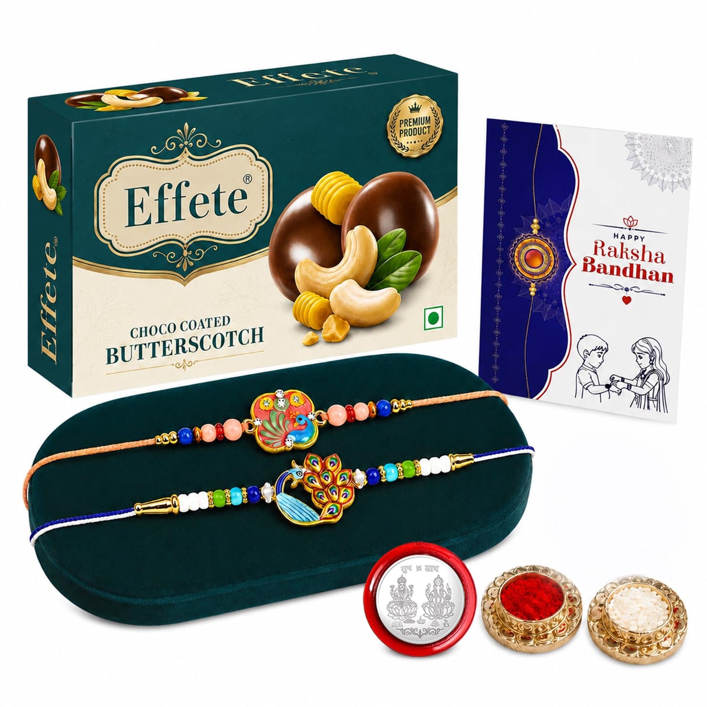 Peacock Rakhi Combo - Raksha Bandhan Gift with Choco Butterscotch 32gm, Pack of 6
