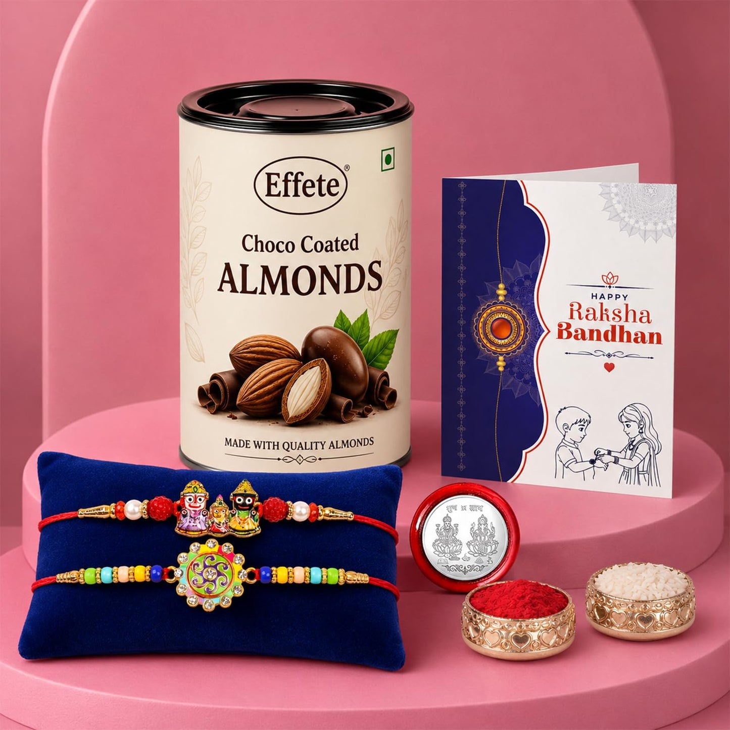 Lord Jagannath Rakhi Combo - Raksha Bandhan Gift with Choco Almonds 96gm, Pack of 6