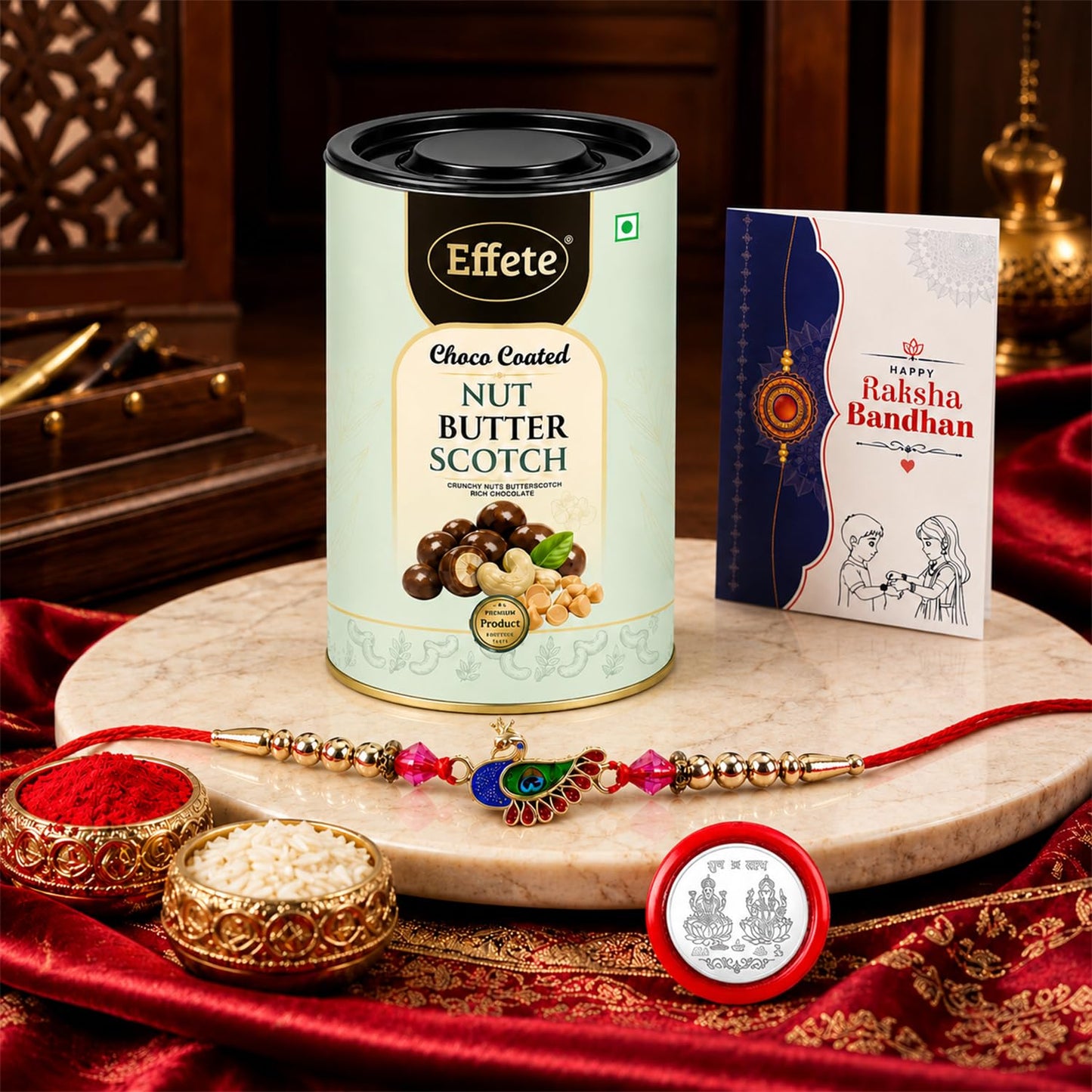 Elegant Peahen Rakhi for Brother with Butter Scotch 96gm, Coin & Card, Pack of 5