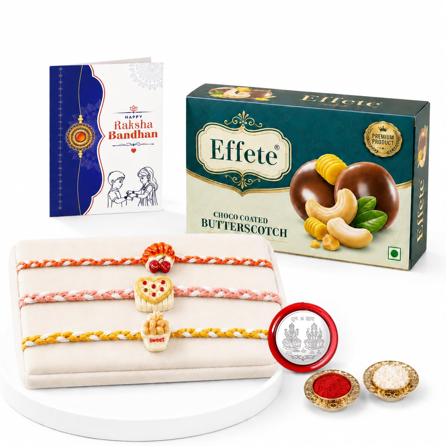 Food Rakhi for Brother with Butter Scotch 32gm, Roli Tikka & Card, Pack of 7