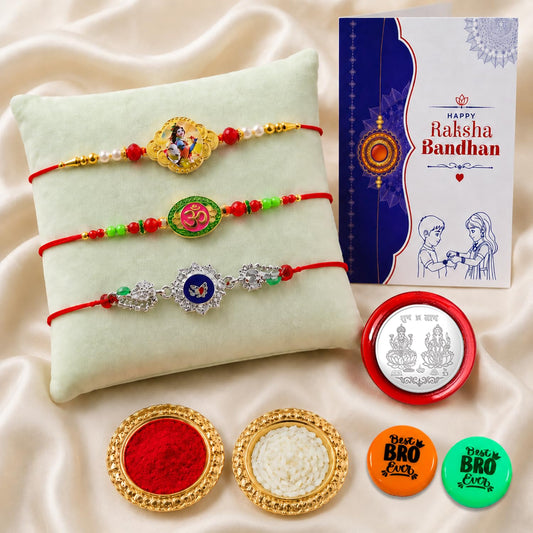 Multicolor Krishna Motif Rakhi combo set for Raksha Bandhan with decorative magnets and puja essentials.