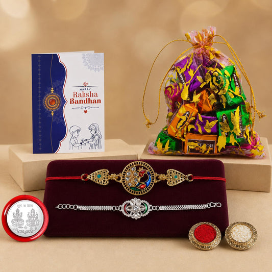 Peacock design rakhi combo for brother with roli chawal and silver pooja coin.