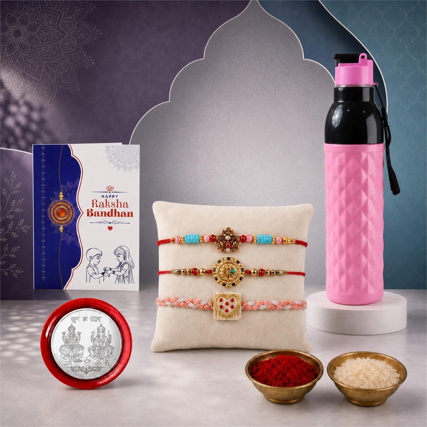 Lotus Rakhi Combo - Raksha Bandhan Gift with Diamond Water Bottle 1000ml, Pack of 7