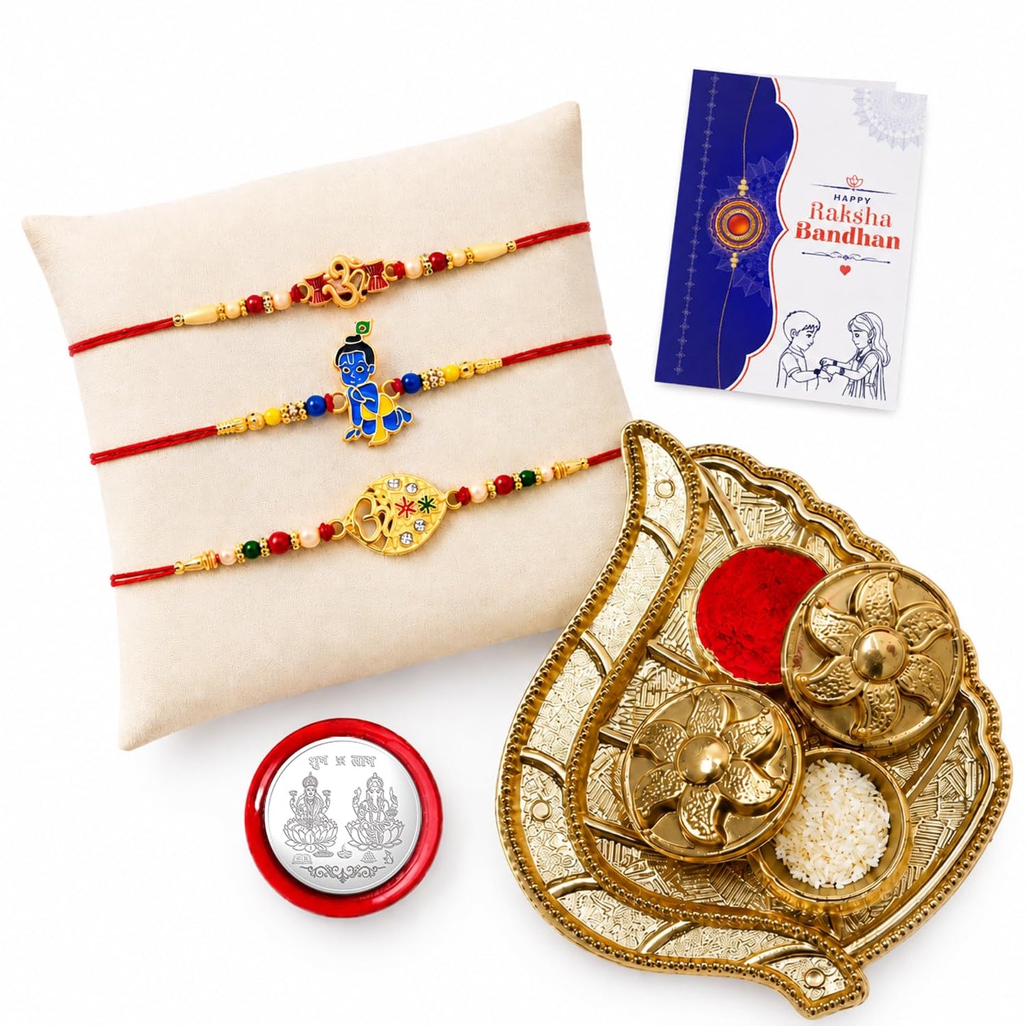 Ganesha Rakhi for Brother with Pooja Thali, Roli Tikka & Card - Pack of 7