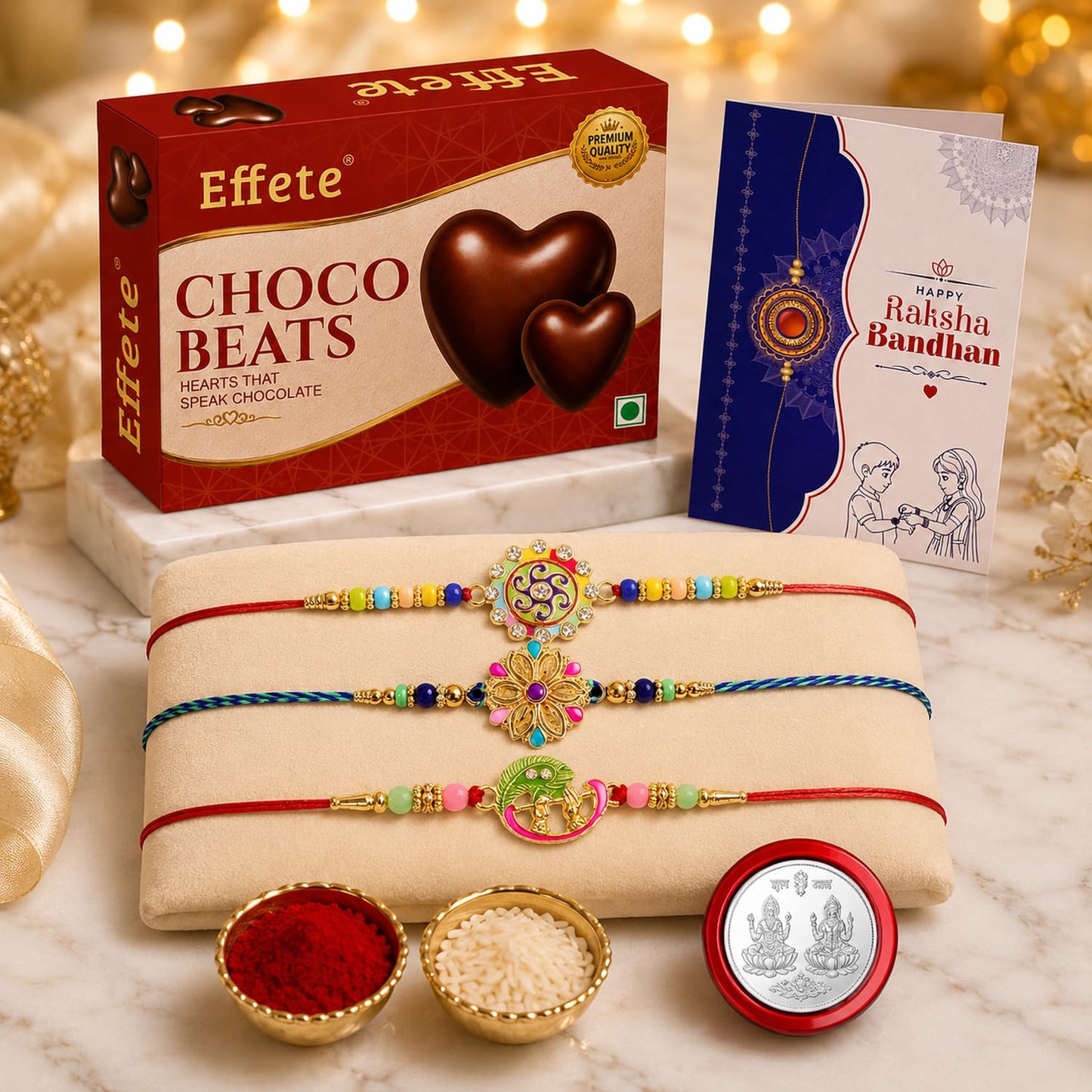 Floral Motif Rakhi for Brother with Chocolate Beats 32gm, Coin & Card, Pack of 7