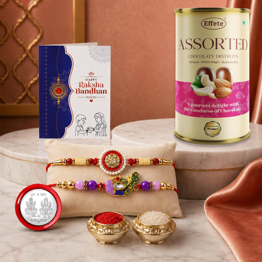 Round peacock rakhi combo with Choco Emperor pack of 6 for Bhaiya.