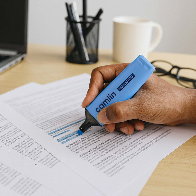 Camlin Blue Highlighter Pack – Smooth & Bright No-Smudge Chisel Tip (Box of 10)