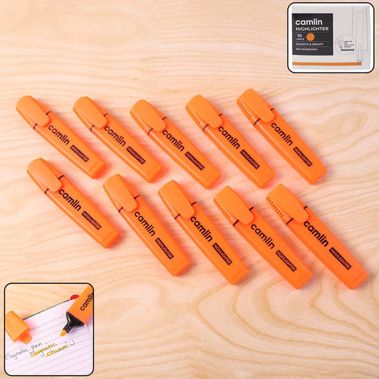 Camlin Orange Highlighter Pack – Smooth & Bright No-Smudge Chisel Tip (Box of 10)