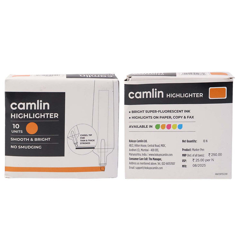 Camlin Orange Highlighter Pack – Smooth & Bright No-Smudge Chisel Tip (Box of 10)