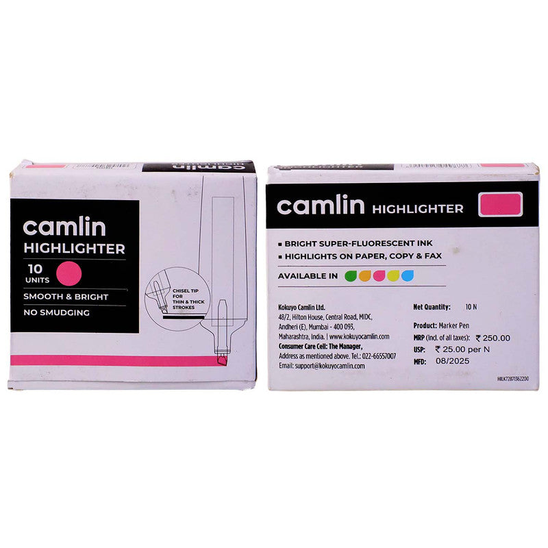 Camlin Pink Highlighter Pack – Smooth & Bright No-Smudge Chisel Tip (Box of 10)