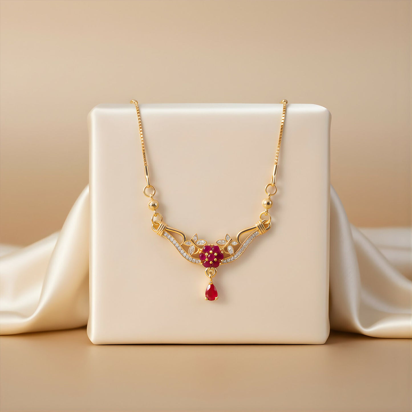 Close-up of gold floral necklace showing red stone drop pendant