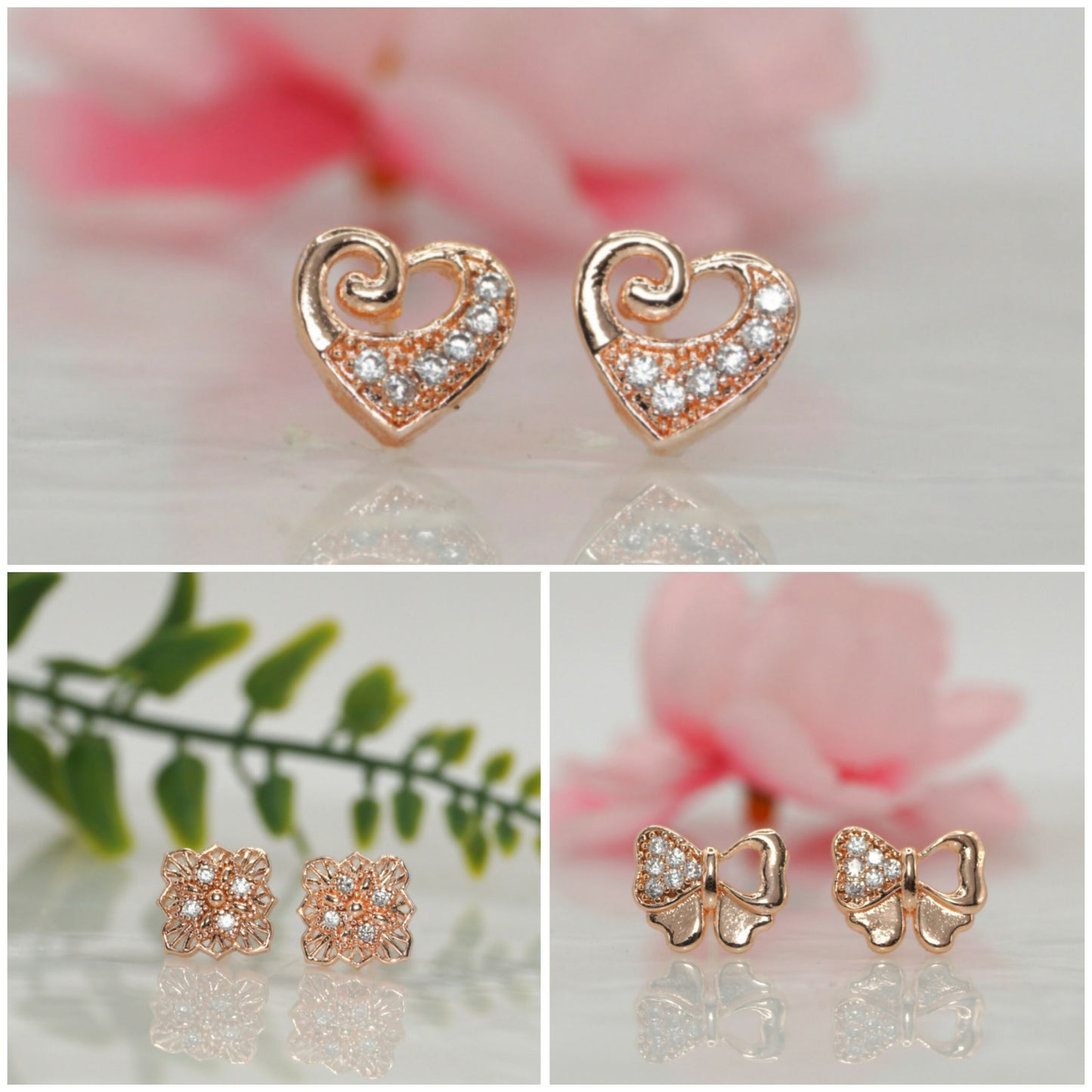 Rose Gold Plated AD Stud Earrings Set - Heart, Bow & Floral for women and girls Combo Pack of 3
