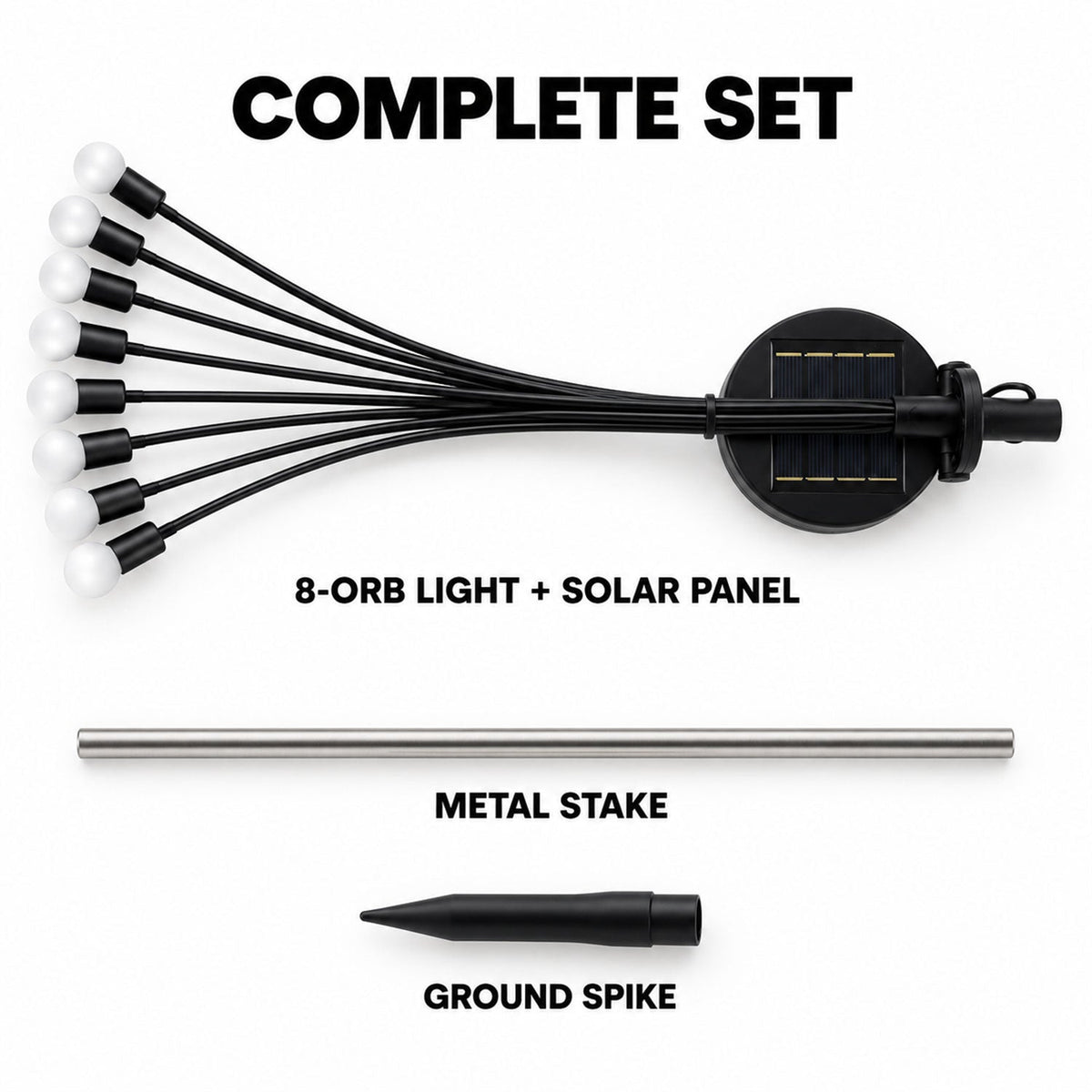 A complete set of the solar firefly light components laid out: the 8-orb light with solar panel, a metal stake, and a ground