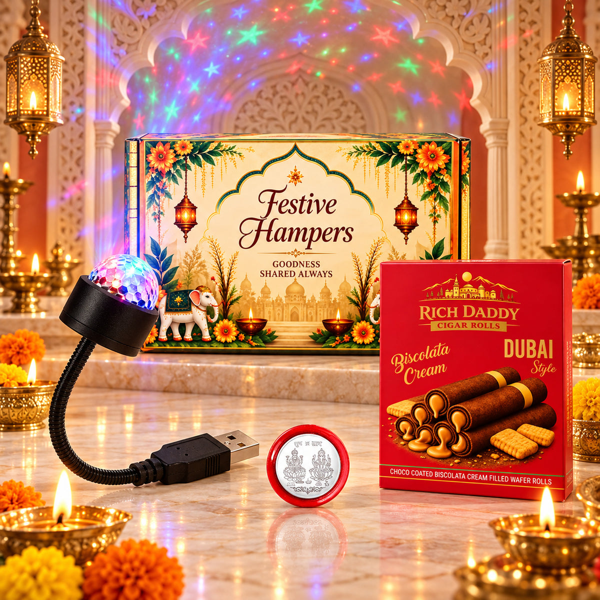 USB Star Galaxy Light & Biscolata Wafer Rolls Festive Gift Hamper