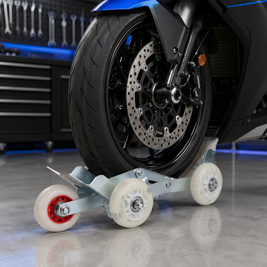 Motorcycle Front Wheel Parking Roller Stand – Heavy-Duty Metal Frame