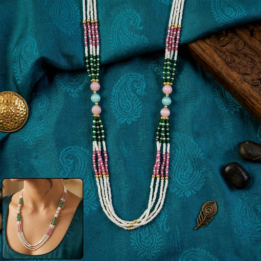 Handmade multicolor beaded mala necklace on display