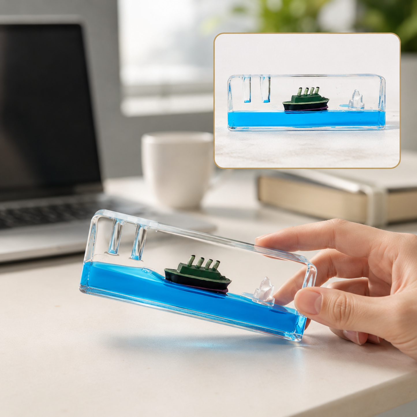 A hand holds a clear rectangular liquid motion paperweight with a green ship and iceberg floating in blue liquid.