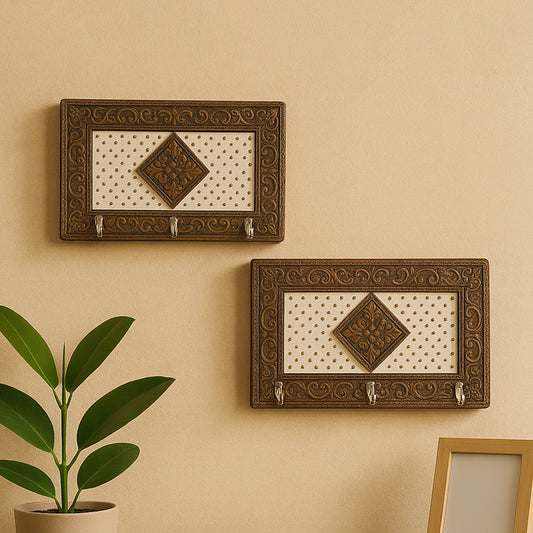 हस्तशिल्प मीनाकारी लकड़ी की चाबी धारक | आपके घर की सजावट और उपहार के लिए दीवार पर लटकाने वाला चाबी धारक स्टाइल, प्रवेश द्वार, रसोई, कार्यालय, बेडरूम के लिए सजावटी कुंजी आयोजक की धारक (2 पीस सेट)