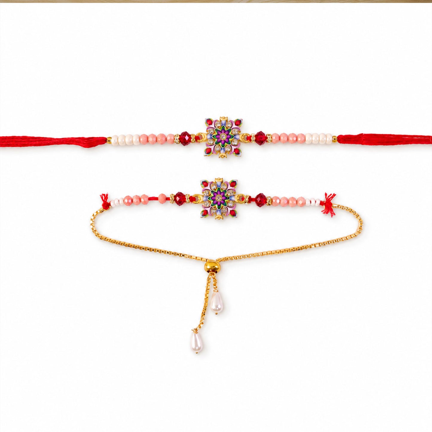 Designer Floral Bhaiya Bhabhi Rakhi Set with Colorful Stones and Lumba Rakhi