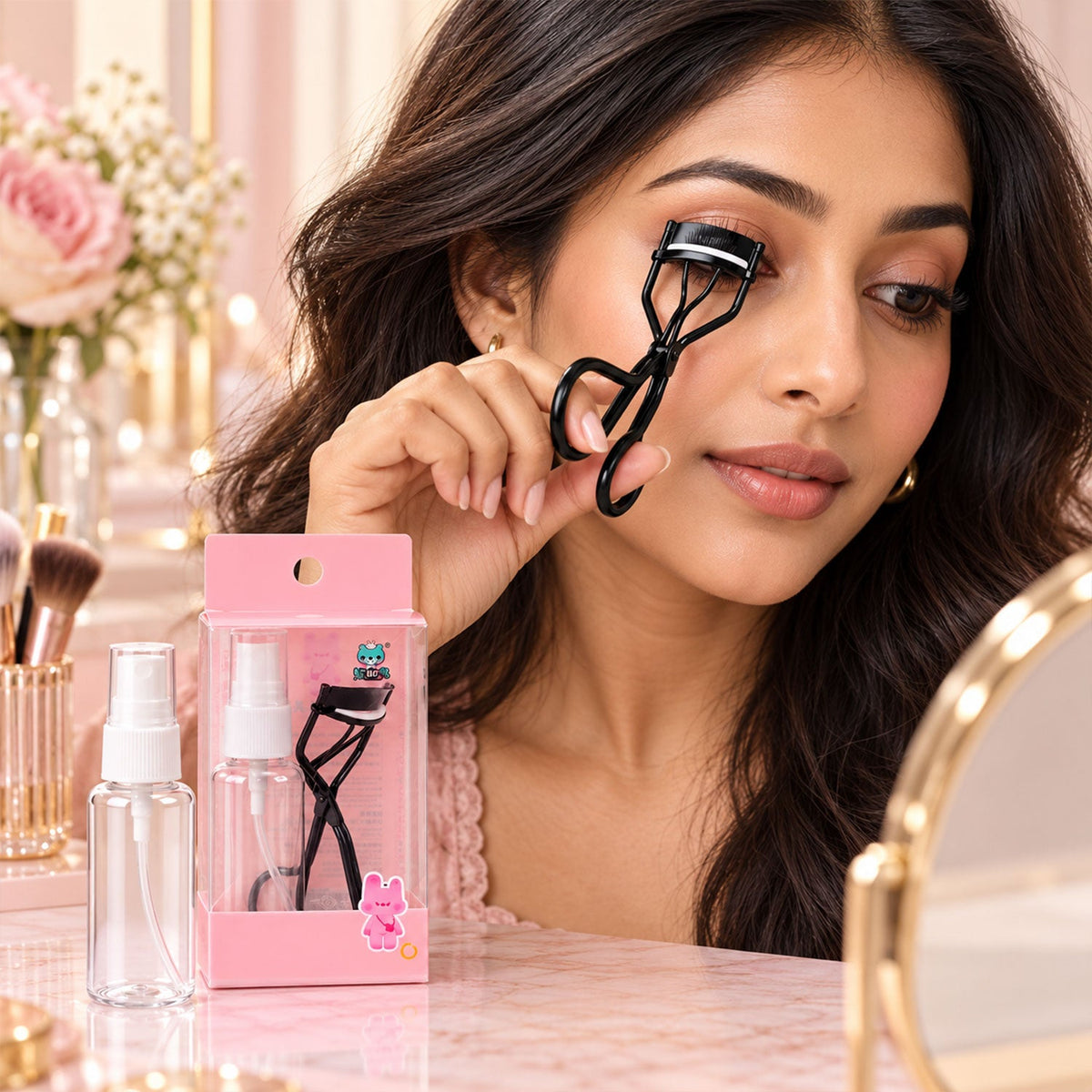 Eyelash Curler with Silicone Pad and Spray Bottle for Makeup Care (1 Set)