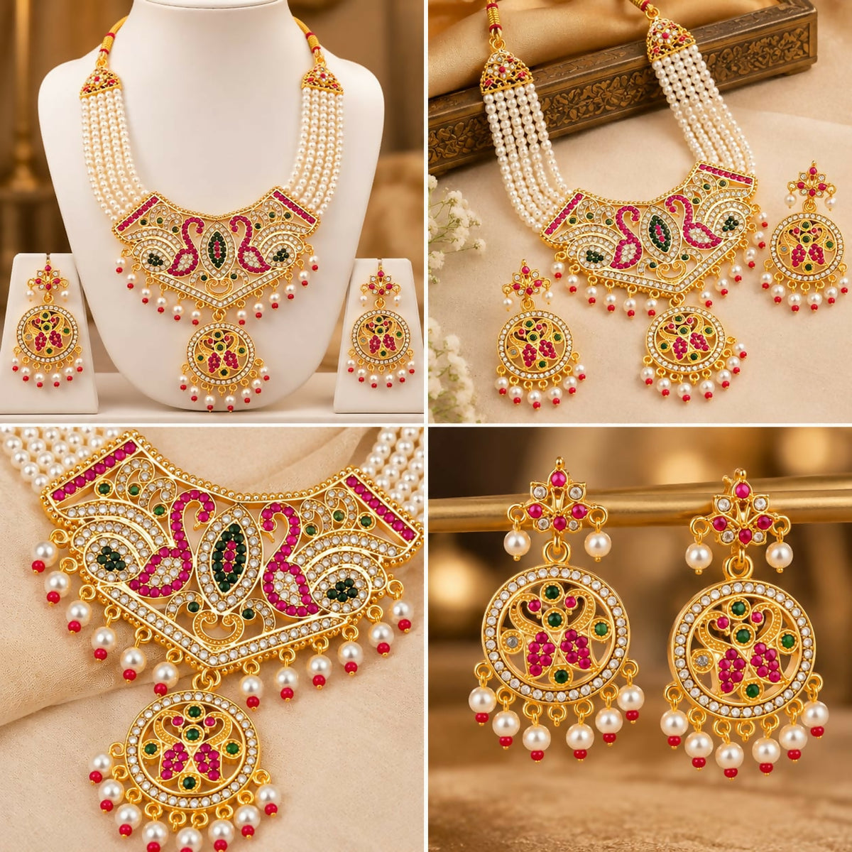 A collage displays the pearl necklace and earrings from various angles, highlighting the intricate design.