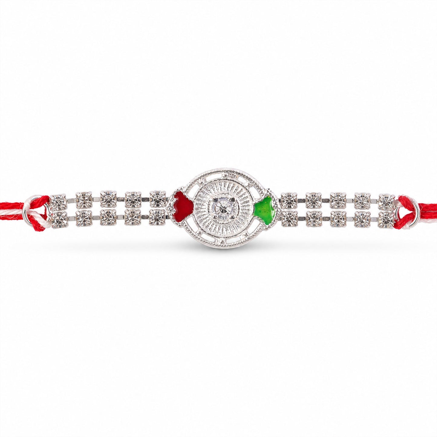 Silver-Toned Crystal Rakhi with Circular Designer Centerpiece, Dual Stone Chains & Red Thread