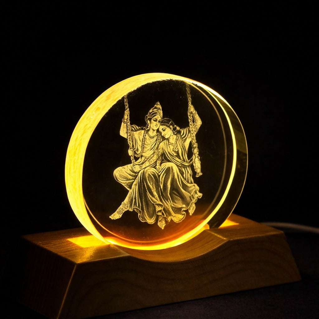 Radha Krishna Engraved Acrylic LED Night Lamp with Wooden Base for Home Decor