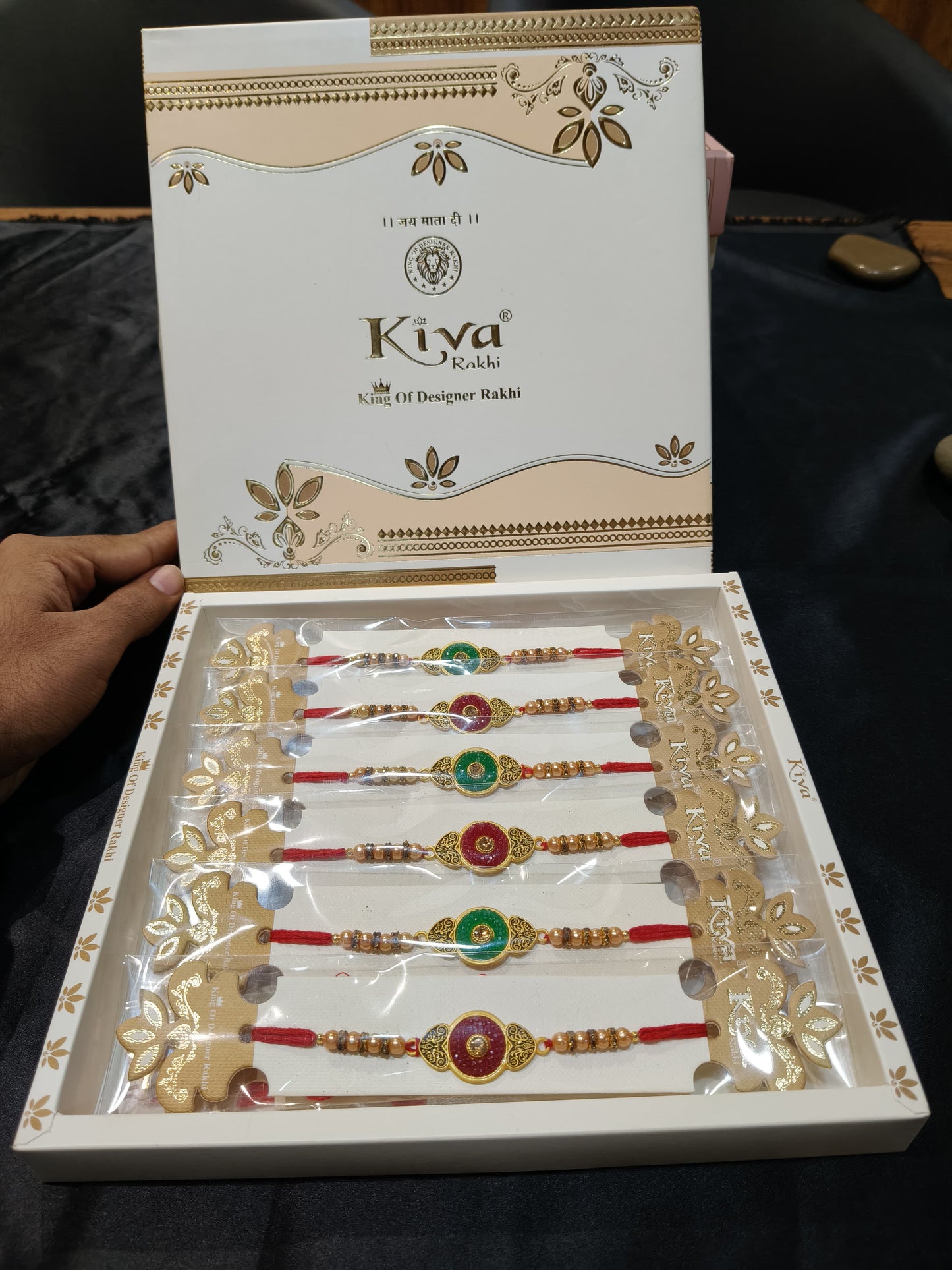 Combo Pack of 12 Red & Gold Designer Rakhis with Heart Motif Center and Elegant Beaded Threading