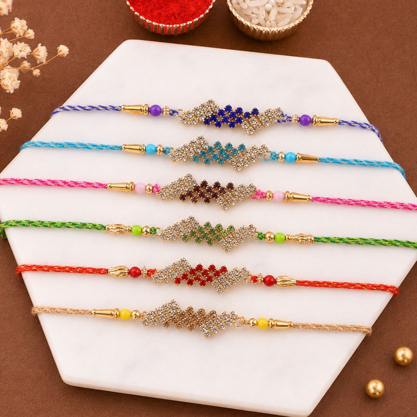 Diamond Lattice Stone Rakhi for Brother Gifting (Pack of 6)