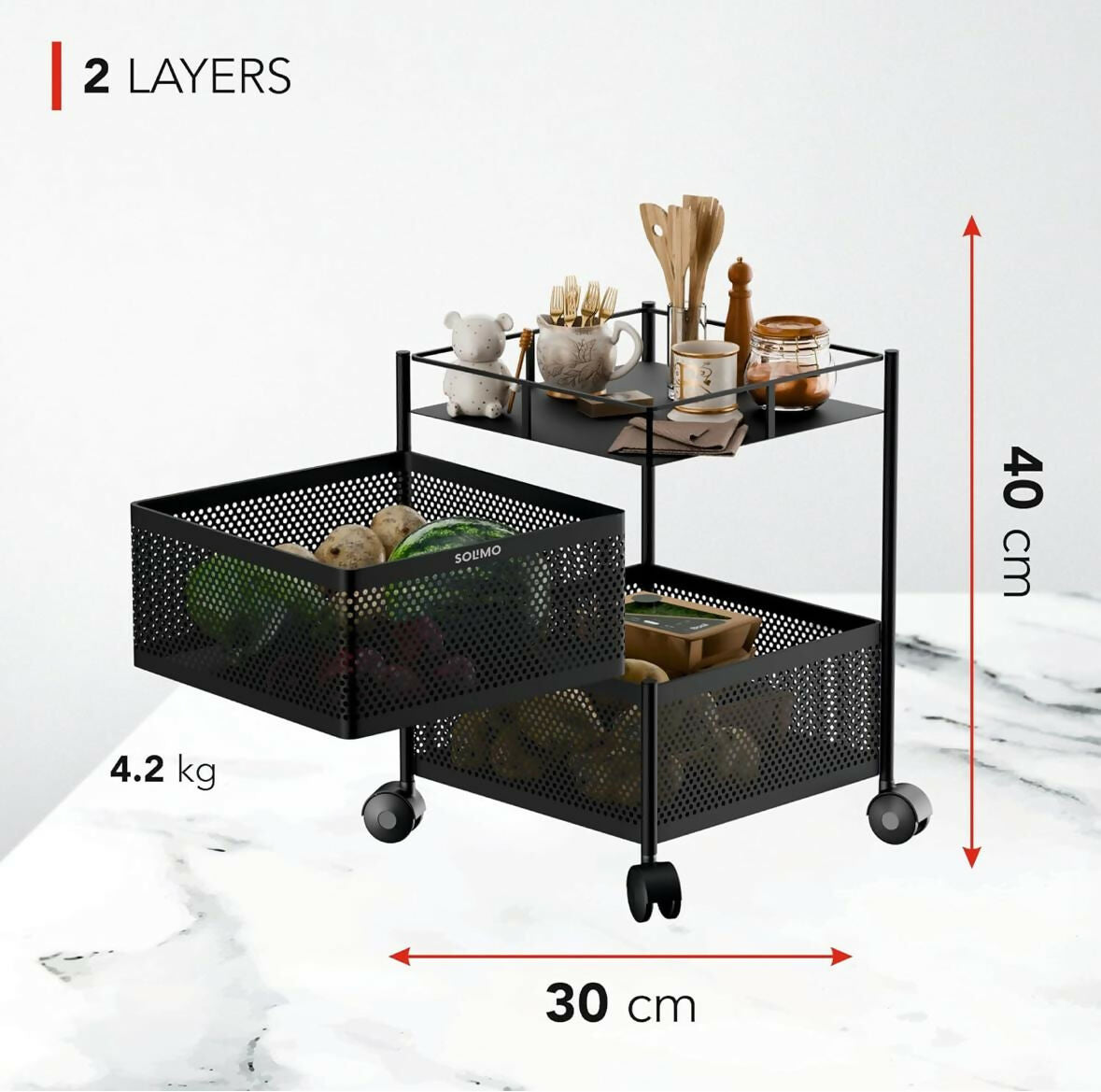 Durable Square 2-Layer Stainless Steel Kitchen Trolley with Ventilated Baskets & Wheels