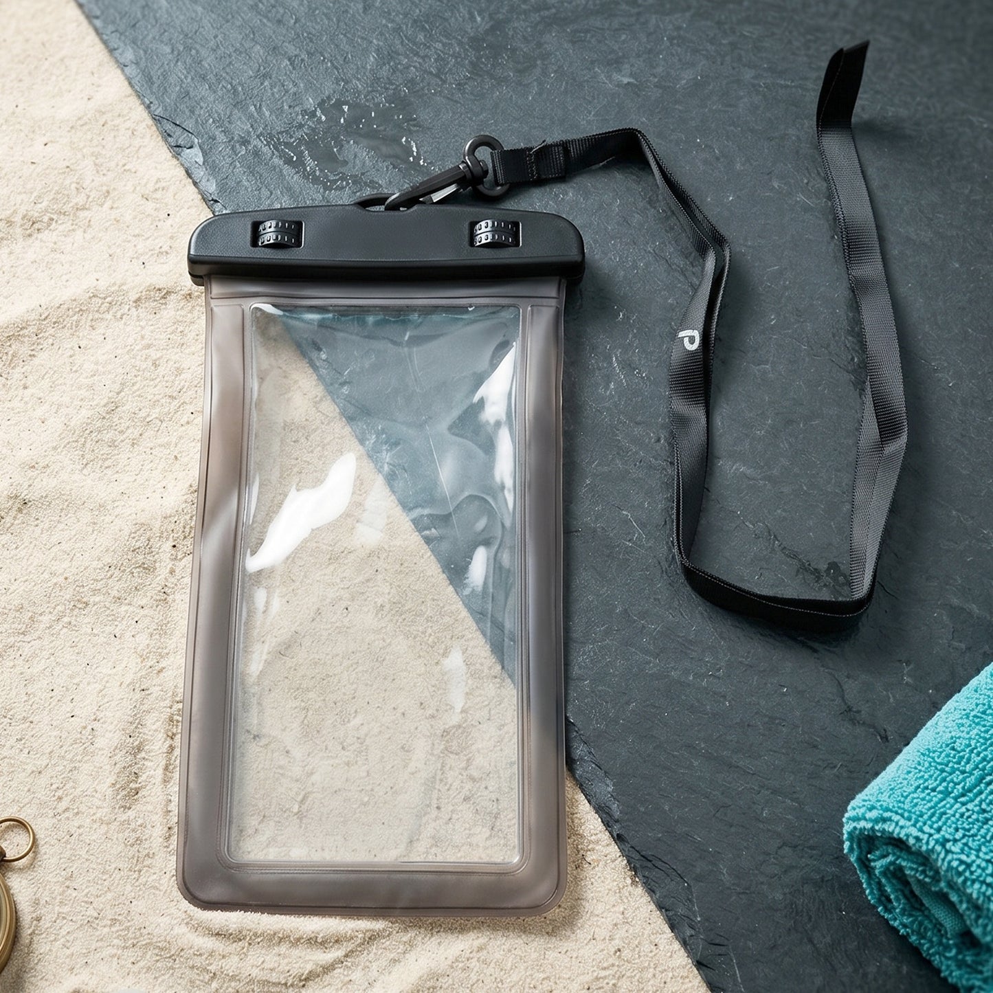 Close-up detail of black waterproof pouch